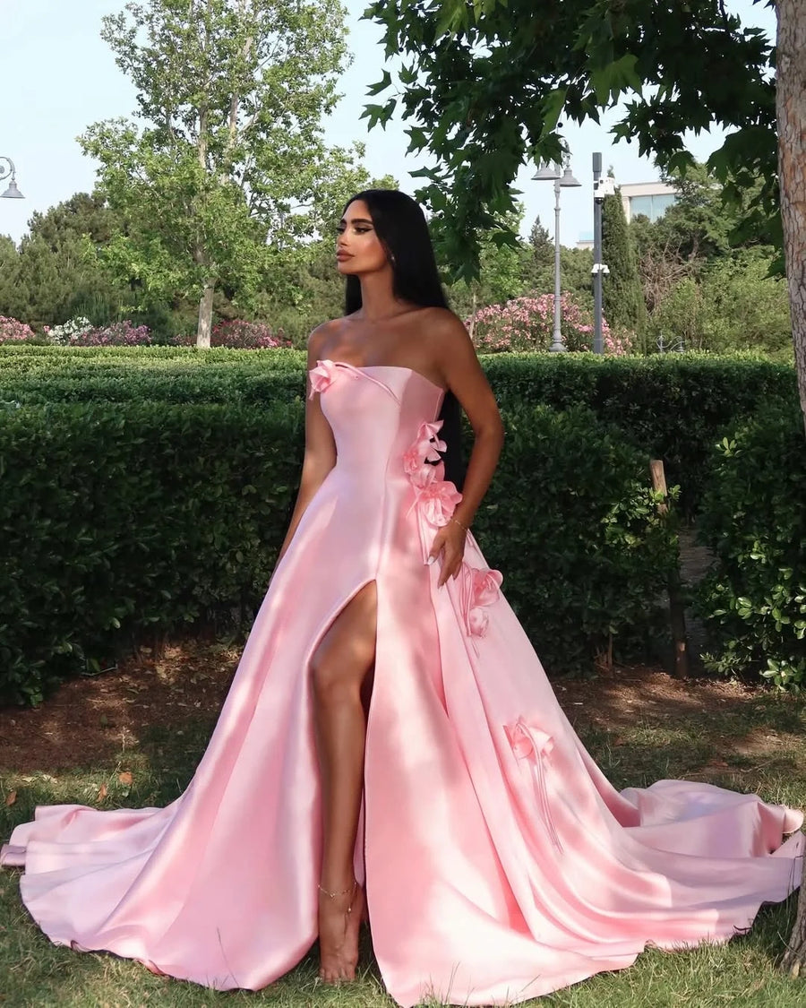 Elegant Satin A-Line Strapless Floral Appliques Split Party Prom Dress 