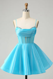 Elegant Satin A-Line Sweetheart Spaghetti Straps Beaded Homecoming Dress