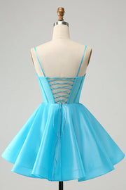 Elegant Satin A-Line Sweetheart Spaghetti Straps Beaded Homecoming Dress