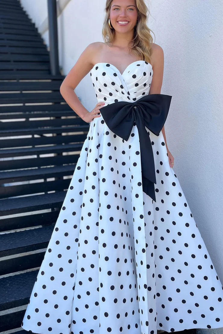 Elegant Satin A-Line Sweetheart Strapless Polka Dots Party Prom Dress