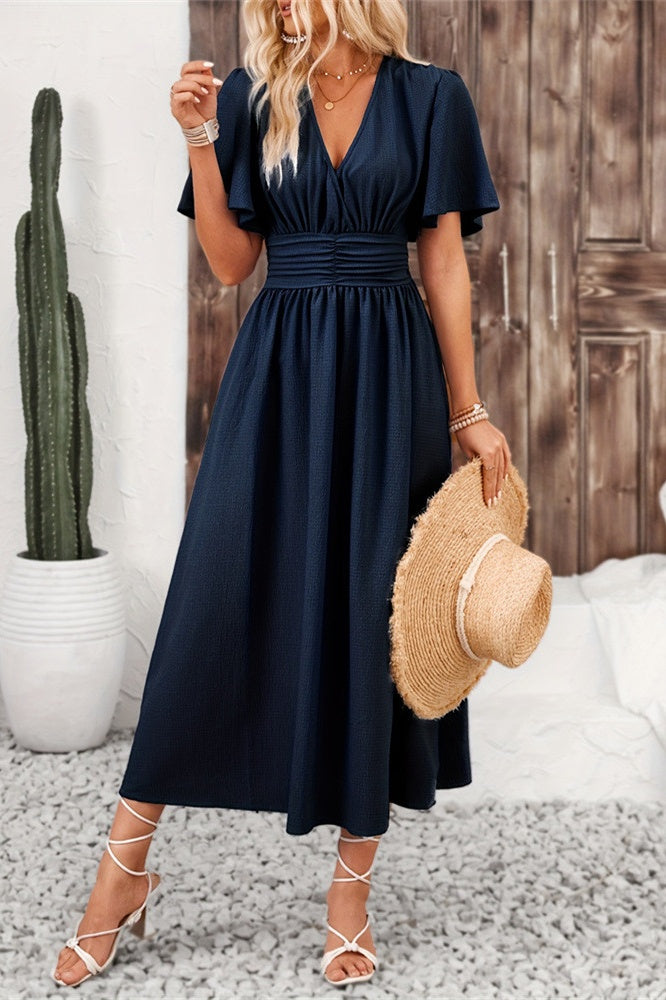 Elegant Satin A-Line V-Neck Short Bell Sleeves Party Evening Dress