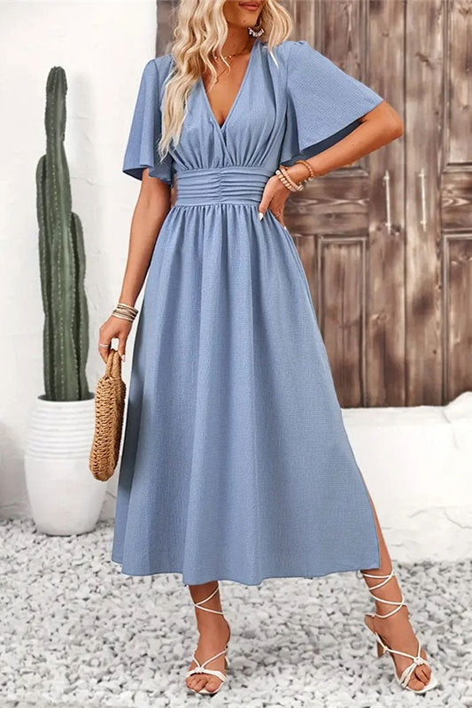 Elegant Satin A-Line V-Neck Short Bell Sleeves Party Evening Dress