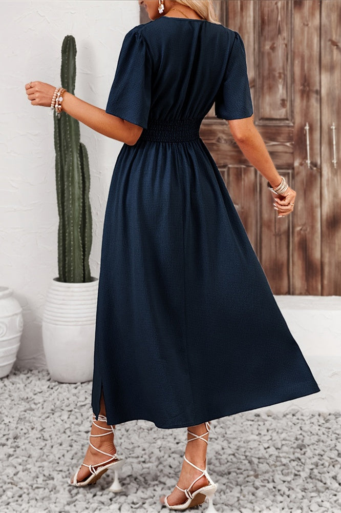 Elegant Satin A-Line V-Neck Short Bell Sleeves Party Evening Dress