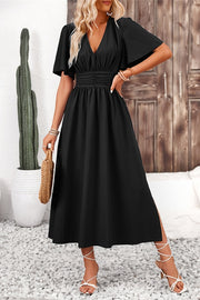 Elegant Satin A-Line V-Neck Short Bell Sleeves Party Evening Dress