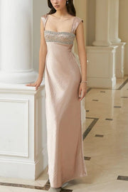 Elegant Satin Fitted Beaded Appliques Straps Party Prom Dress