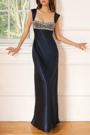 Elegant Satin Fitted Beaded Appliques Straps Party Prom Dress