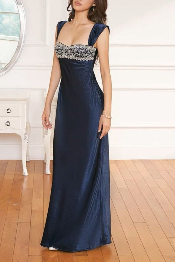 Elegant Satin Fitted Beaded Appliques Straps Party Prom Dress