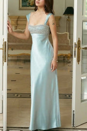 Elegant Satin Fitted Beaded Appliques Straps Party Prom Dress