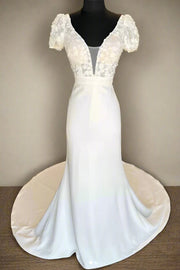 Elegant Satin Fitted Low V-Neck Short Sleeves With Scoop Train Wedding Dress