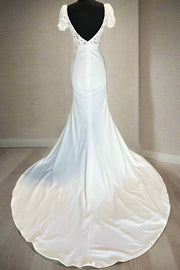 Elegant Satin Fitted Low V-Neck Short Sleeves With Scoop Train Wedding Dress