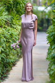 Elegant Satin Fitted Round Sleeves Empire Bridesmaid Dress