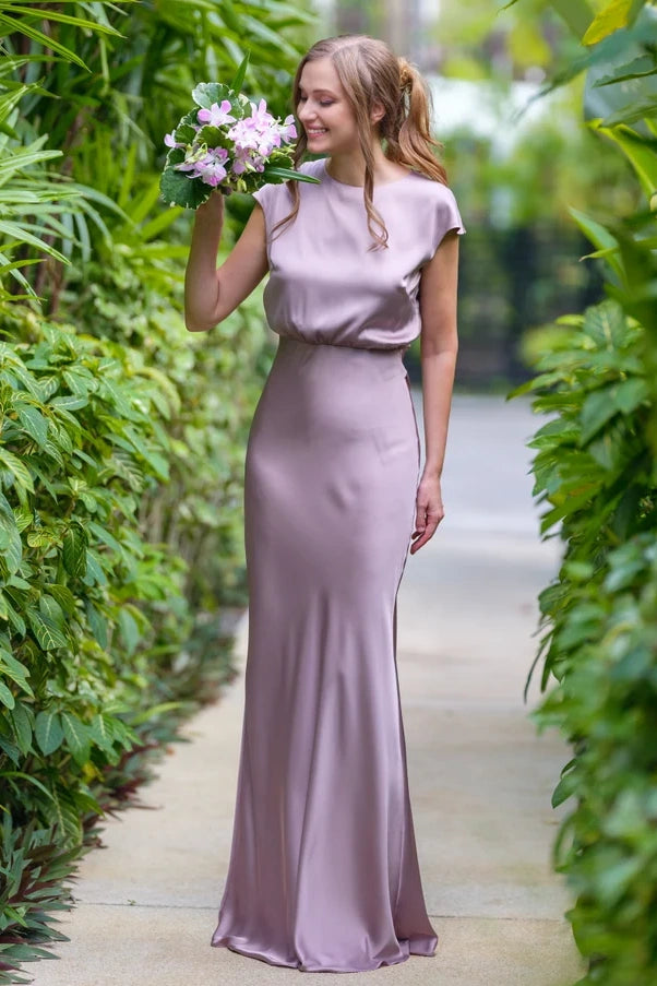 Elegant Satin Fitted Round Sleeves Empire Bridesmaid Dress