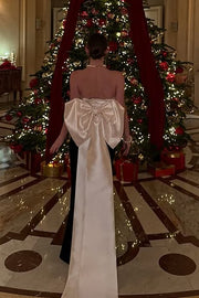 Elegant Satin Fitted Strapless Party Prom Dress With Bow