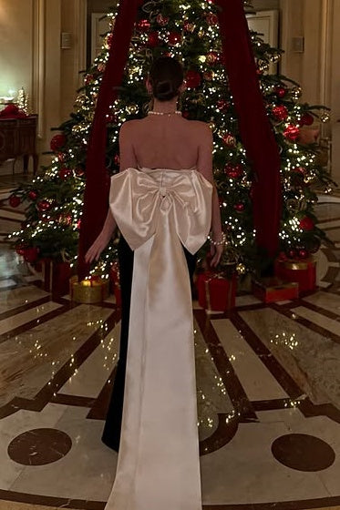 Elegant Satin Fitted Strapless Party Prom Dress With Bow