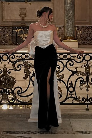 Elegant Satin Fitted Strapless Party Prom Dress With Bow