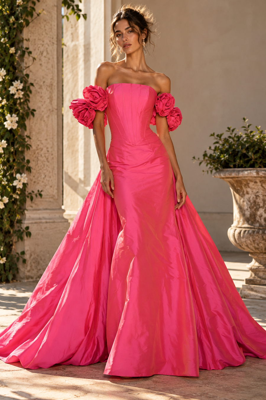 Elegant Satin Floral Off-Shoulder Mermaid Party Prom Dress With Train