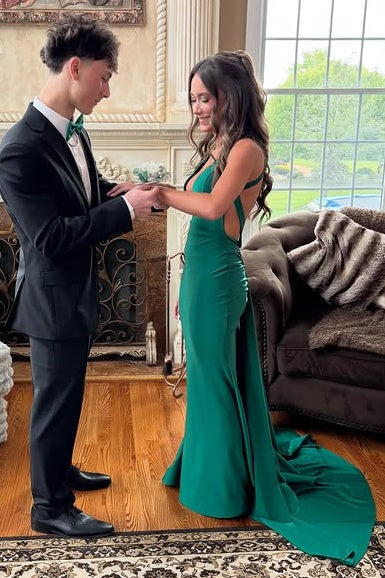Elegant Satin Mermaid V-Neck Backless Party Prom Dress