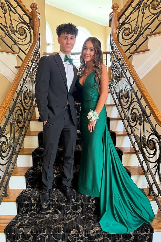 Elegant Satin Mermaid V-Neck Backless Party Prom Dress