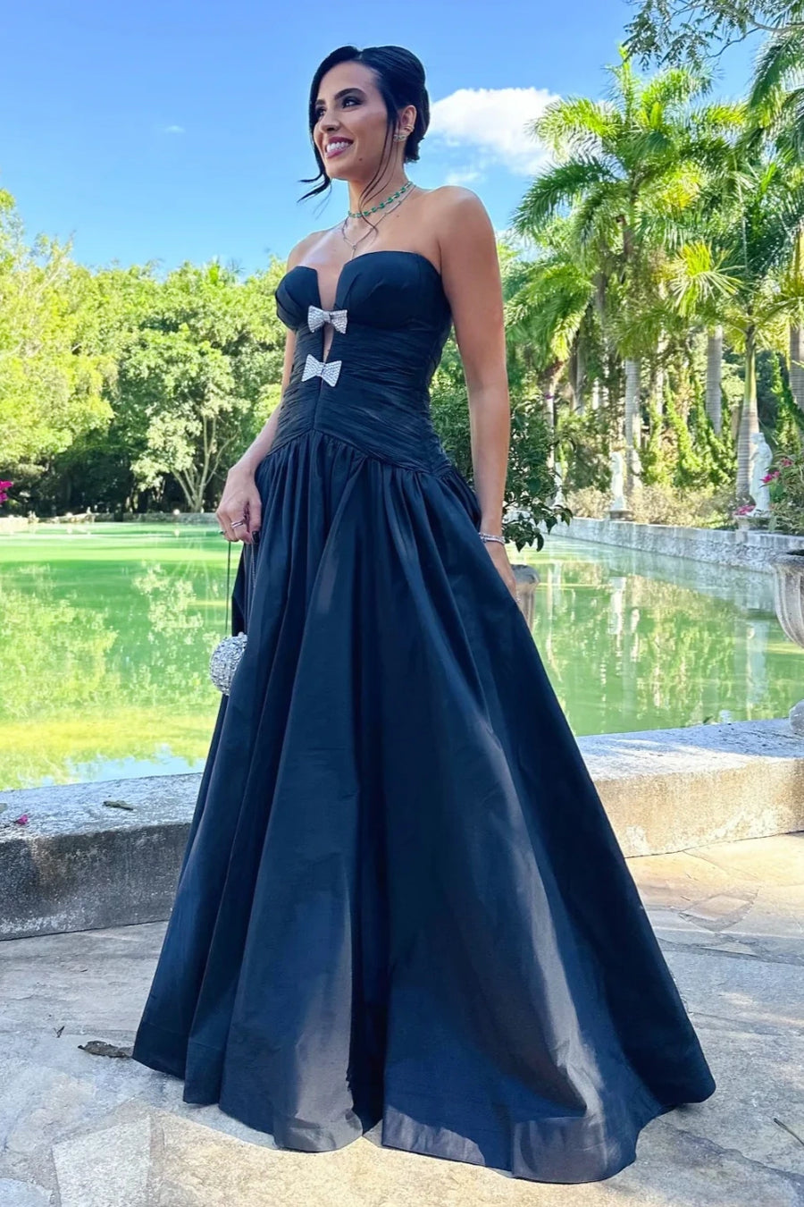 Elegant Satin Strapless Empire Black Party Prom Dress
