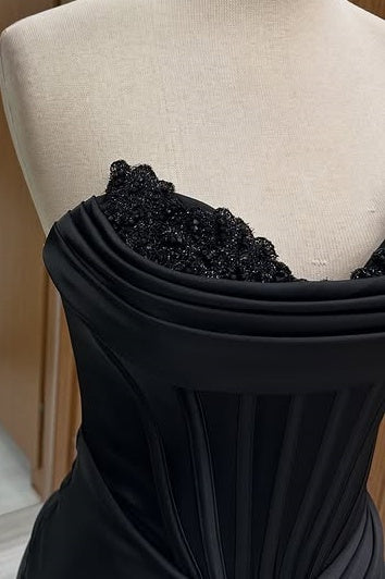 Elegant Satin Strapless Ruched Empire Black Party Prom Dress