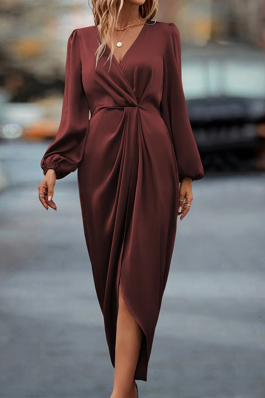 Elegant Satin V-Neck Long Sleeves Empire Cocktail Party Dress