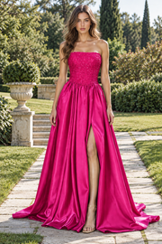 Elegant Sequin Top Satin A-Line Strapless Empire Split Party Prom Dress