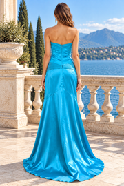Elegant Strapless Blue Satin A-Line Party Prom Dress With Train