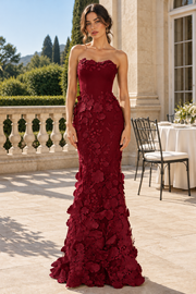 Elegant Strapless Empire Lace Floral Maxi Mermaid Party Prom Dress