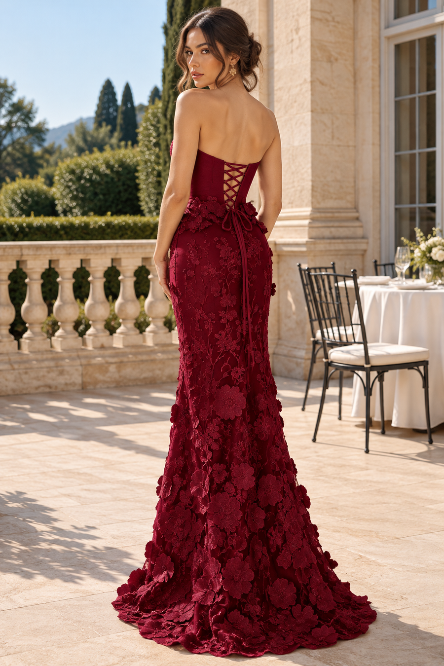 Elegant Strapless Empire Lace Floral Maxi Mermaid Party Prom Dress