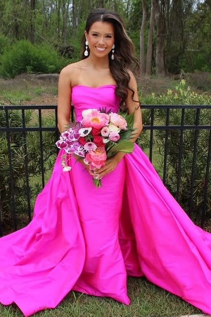Elegant Strapless Fitted Satin Party Prom Dress With Train