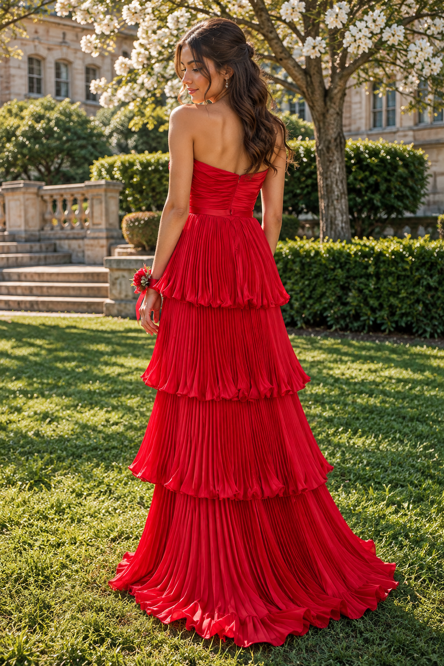Elegant Strapless Plested Tiered A-Line Satin Long Party Prom Dress