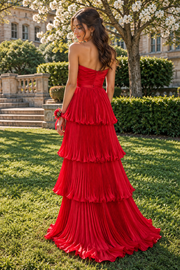 Elegant Strapless Plested Tiered A-Line Satin Long Party Prom Dress
