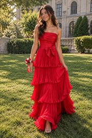 Elegant Strapless Plested Tiered A-Line Satin Long Party Prom Dress