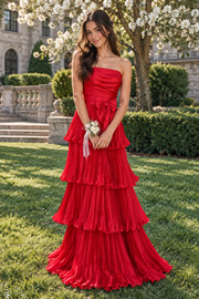 Elegant Strapless Plested Tiered A-Line Satin Long Party Prom Dress