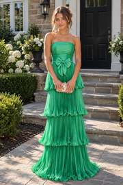 Elegant Strapless Plested Tiered A-Line Satin Long Party Prom Dress