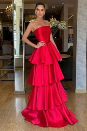 Elegant Strapless Satin A-Line Empire Tiered Party Prom Dress