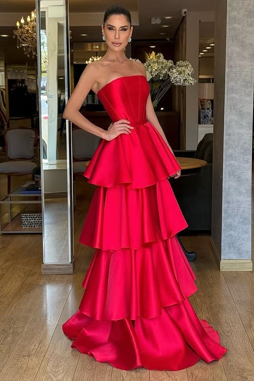 Elegant Strapless Satin A-Line Empire Tiered Party Prom Dress