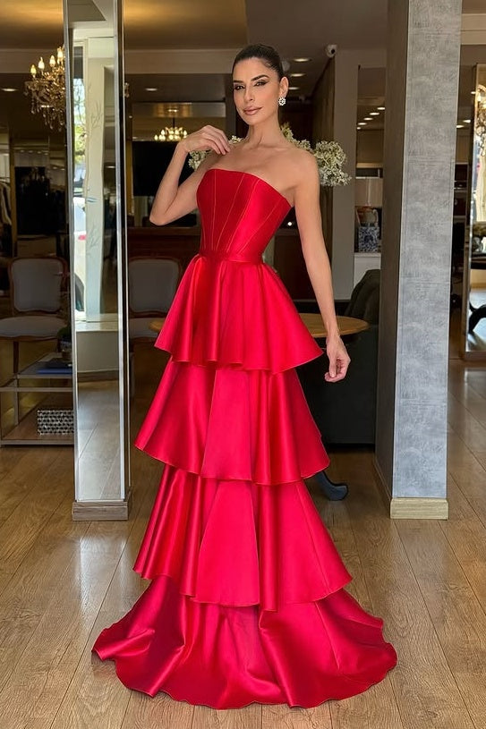 Elegant Strapless Satin A-Line Empire Tiered Party Prom Dress