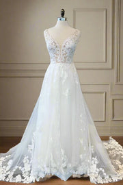 Elegant Tulle A-Line V-Neck Sleeveless Lace Appliques Long Wedding Dress