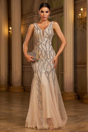 Elegant V-Neck Open Back Mermaid Sequin And Tulle Party Dress