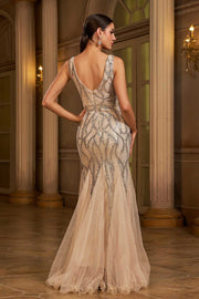 Elegant V-Neck Open Back Mermaid Sequin And Tulle Party Dress