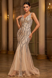 Elegant V-Neck Open Back Mermaid Sequin And Tulle Party Dress