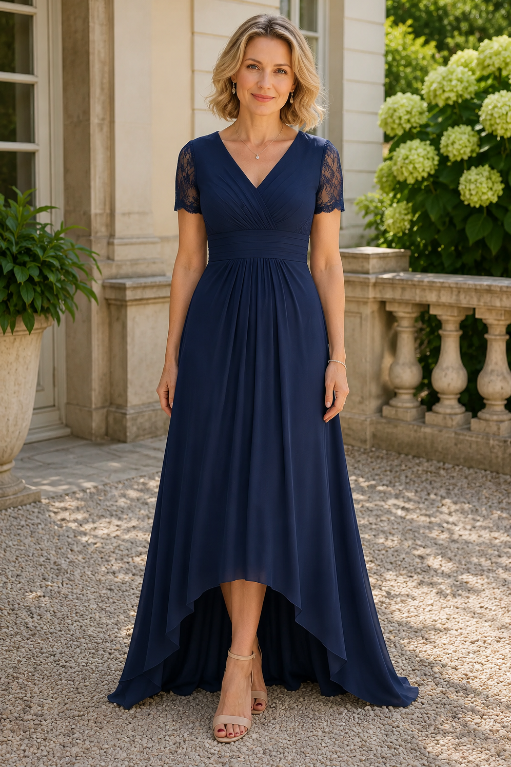 Elegant V-Neck Short Sleeves A-Line High-Low Mother Of The Bride Dress