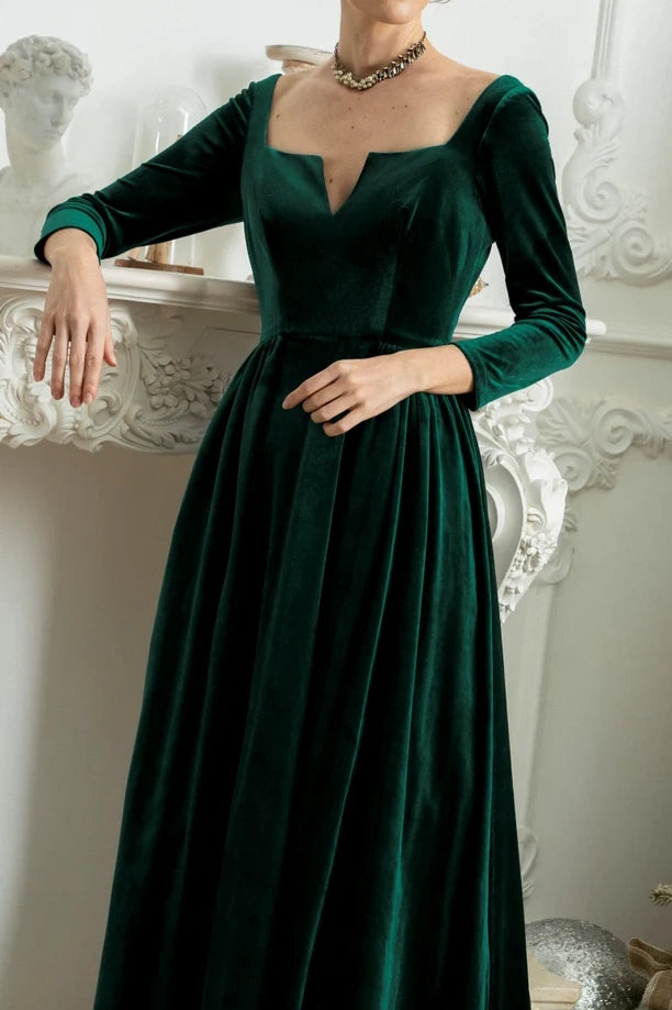 Elegant Velvet A-Line Empire Quarter Sleeves Dress