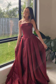 Elegant Win Red Satin A-Line Strapless Party Prom Dress