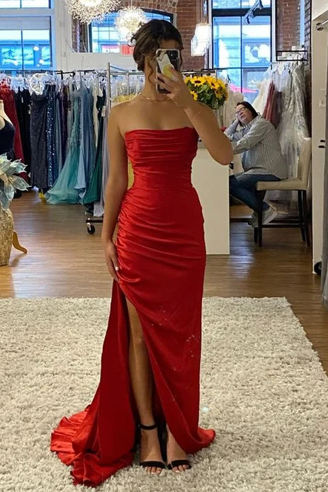 Empire Strapless Satin Party Prom Dress With Slit