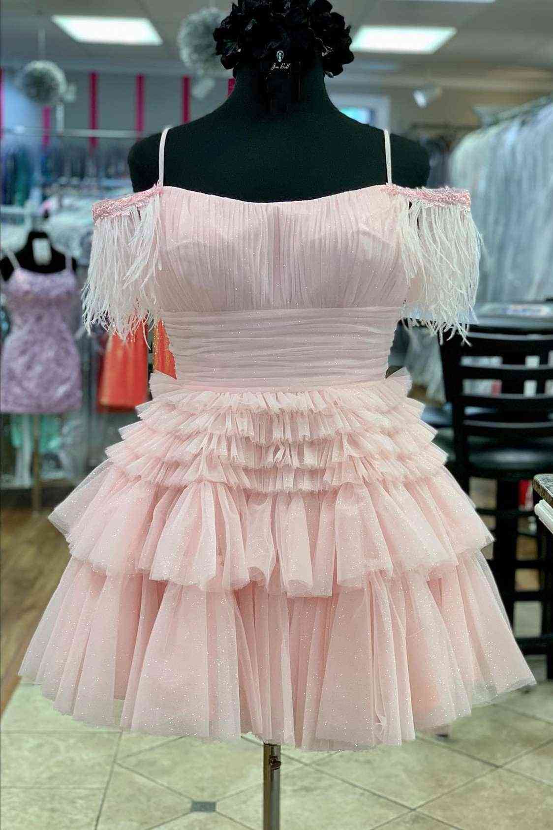Chic Tulle A-Line Off-Shoulder Beaded Feathers Homecoming Dress