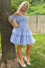 Chic Tulle A-Line Off-Shoulder Beaded Feathers Homecoming Dress