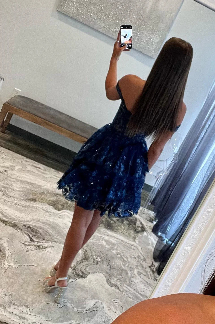 Off the Shoulder Lavender Sequin Ruffle Short Homecoming Dress