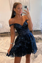 Off the Shoulder Lavender Sequin Ruffle Short Homecoming Dress